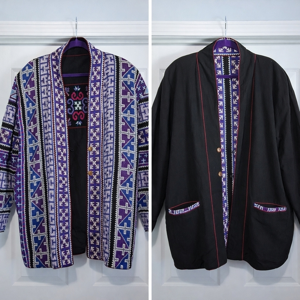 Vintage Handwoven Textile Jacket Artisan Embroidered Purple & Indigo Reversible